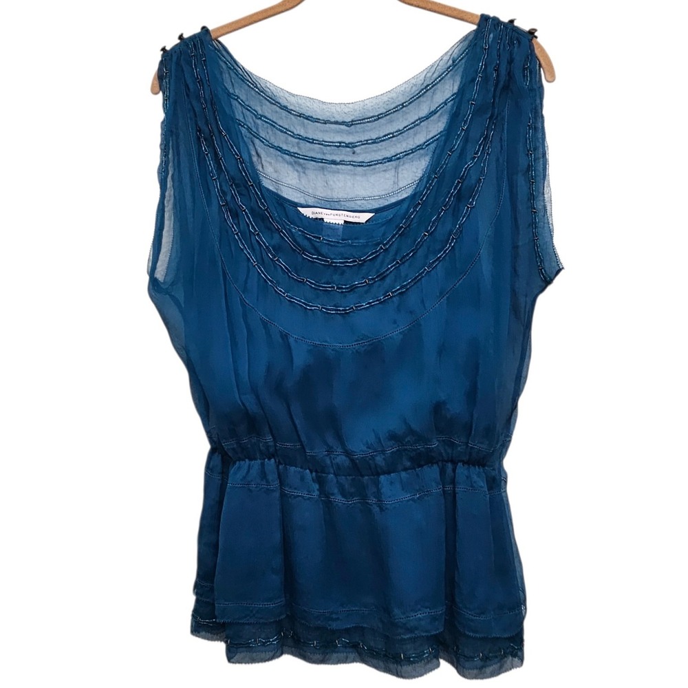 Diane von Furstenberg Silk Blouse Women 6 Teal Blue Beaded Peplum Sleeveless Top